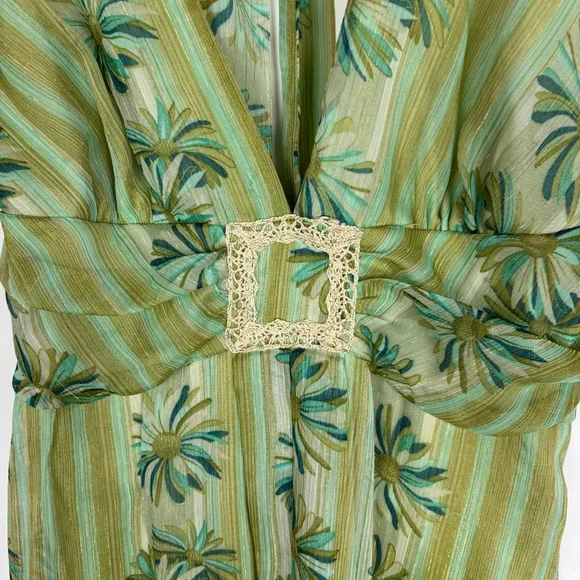 A.P.N.Y Halter Midi Dress Size 10 Green Floral Gold Metallic Fairy Y2K - Picture 4 of 7